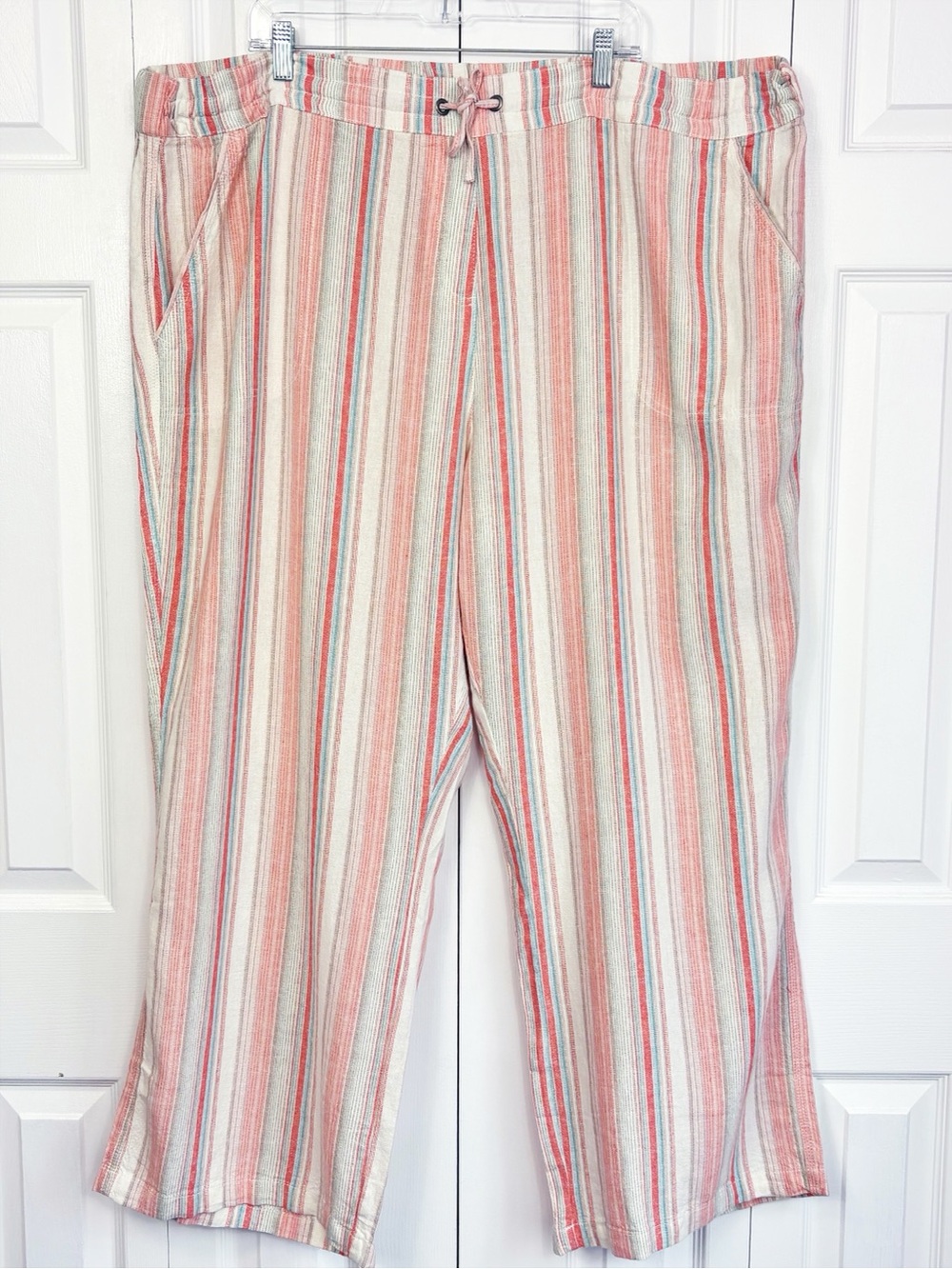 Denim & Co. Off White, Red & Blue Stripe Linen Blend Straight Leg Pants 3X